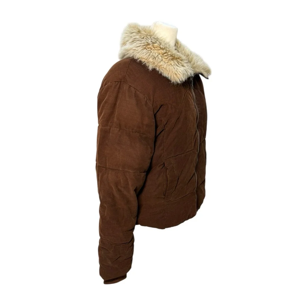 Vintage Y2K Corduroy Puffer Jacket Faux Fur Coat Women XL Chocolate Brown Sherpa